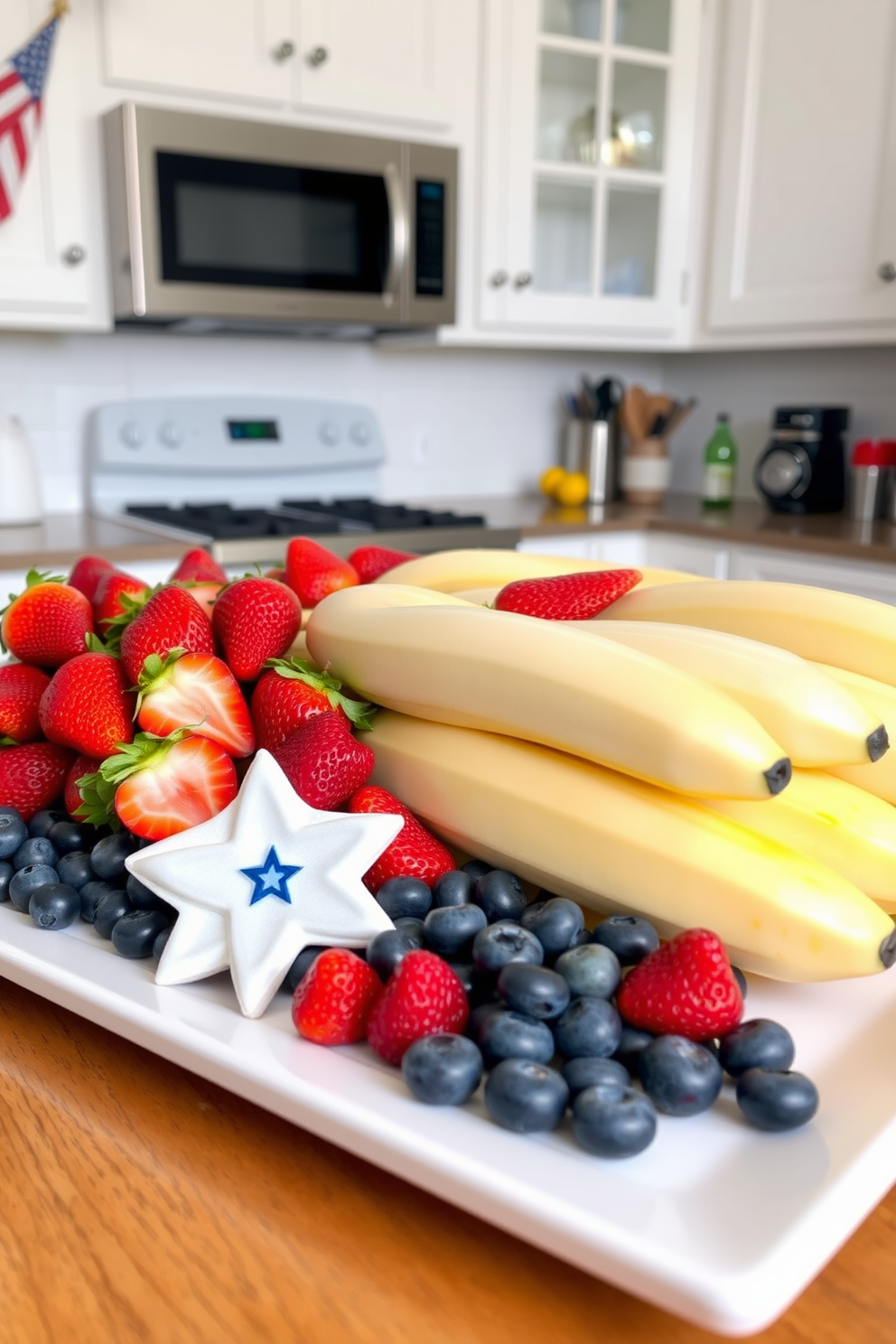 A vibrant kitchen setting celebrating Independence Day. A stunning display of fresh red strawberries, white bananas, and blue blueberries arranged artfully on a large white platter.