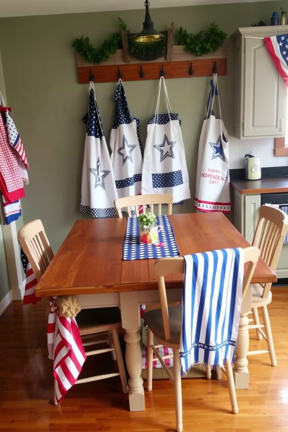 A festive kitchen setting adorned with themed towels and aprons celebrating Independence Day. The towels feature red white and blue patterns while the aprons display stars and stripes hanging neatly on hooks by the kitchen entrance. A rustic wooden table is set in the center with a vibrant table runner in patriotic colors. Surrounding the table are mismatched chairs each draped with a themed towel adding to the holiday spirit.