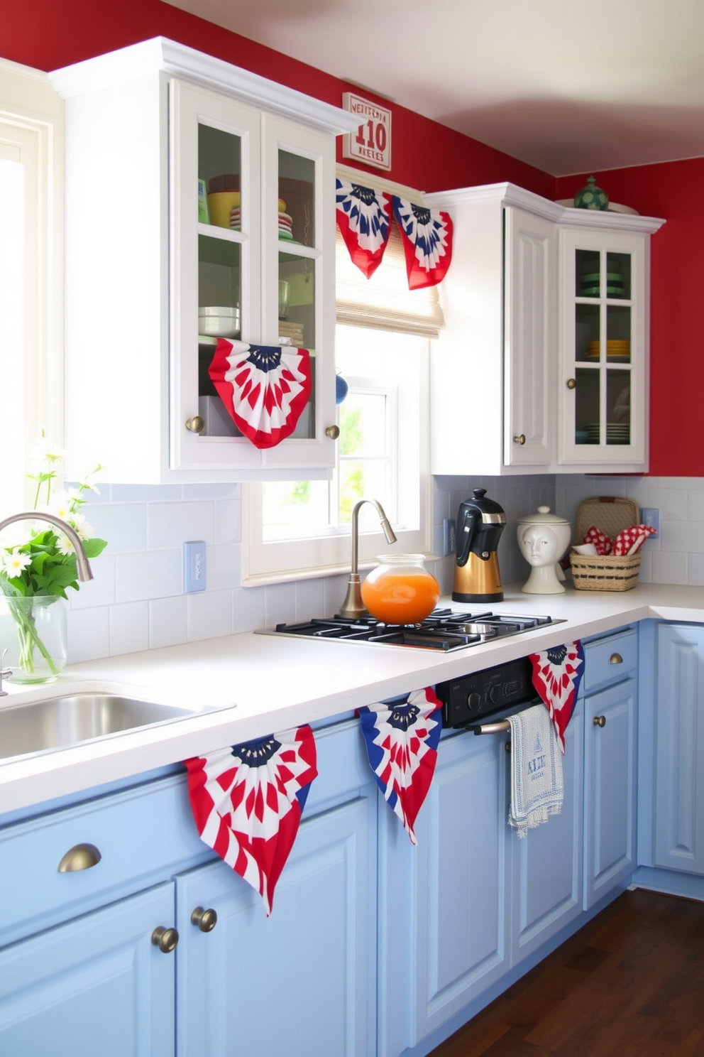 A cheerful kitchen adorned with festive bunting draped along the cabinets. The vibrant red white and blue colors create a lively atmosphere perfect for celebrating Independence Day.