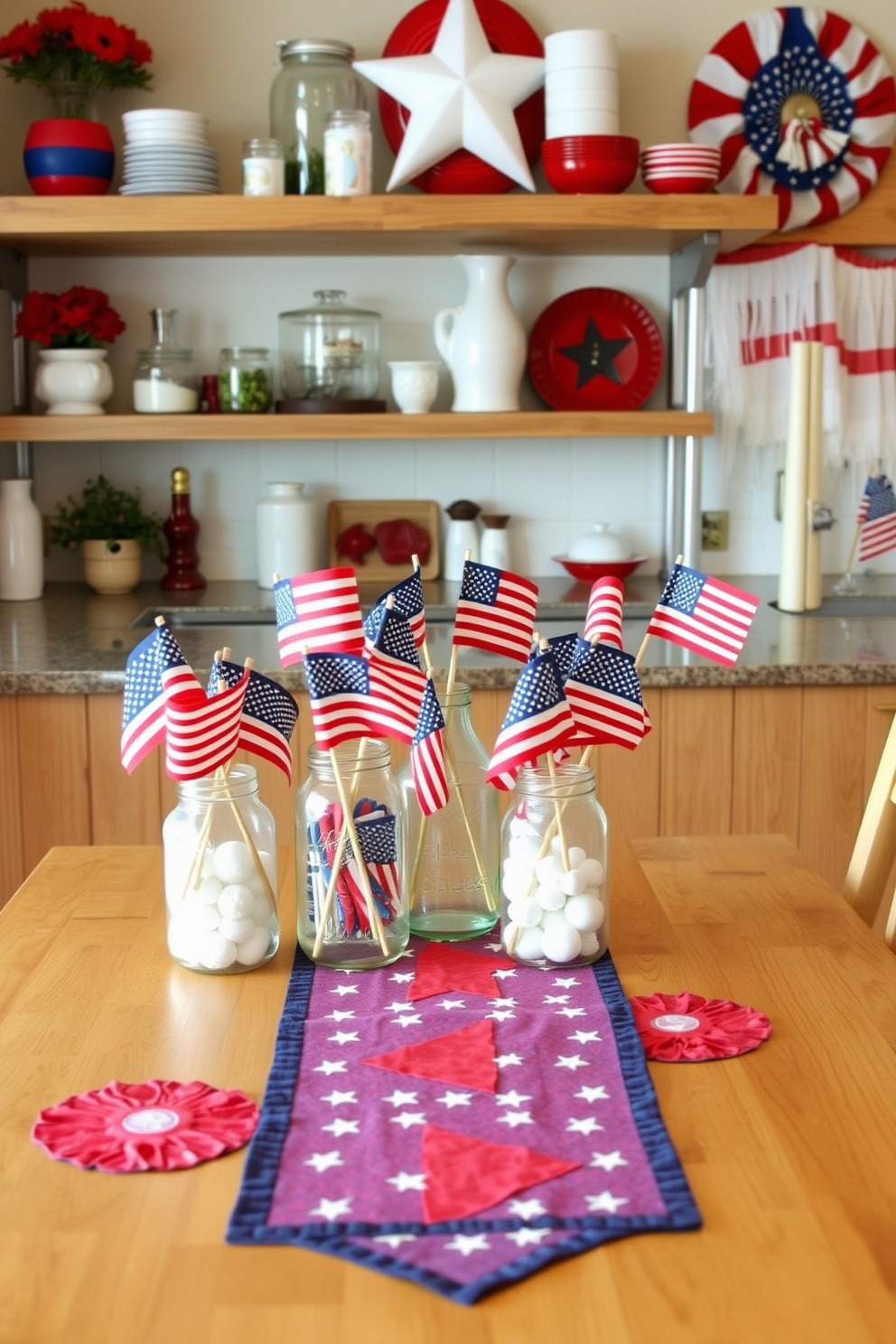 Decorative jars filled with small American flags are arranged on a rustic wooden shelf in the kitchen. The jars vary in size and shape, adding visual interest and a festive touch to the space. Red, white, and blue accents are incorporated throughout the kitchen, complementing the jars and enhancing the Independence Day theme. A cheerful table runner in patriotic colors lays across the dining table, inviting family gatherings and celebrations.