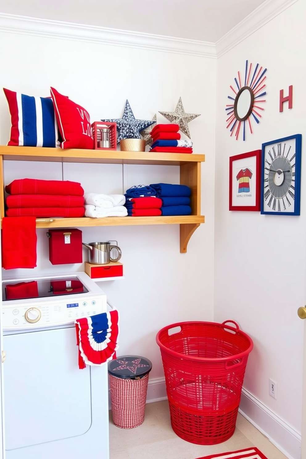 A vibrant laundry room features two laundry baskets in red, white, and blue colors, celebrating Independence Day. The walls are adorned with patriotic decorations, and a cheerful rug adds a touch of warmth to the space.