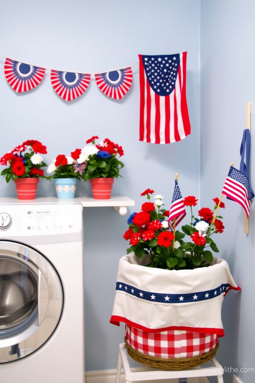 A festive laundry room celebrating Fourth of July features a vibrant red, white, and blue laundry hamper adorned with stars and stripes. The walls are decorated with patriotic bunting, and a cheerful flag-themed sign hangs above the washing machine, creating a spirited atmosphere.