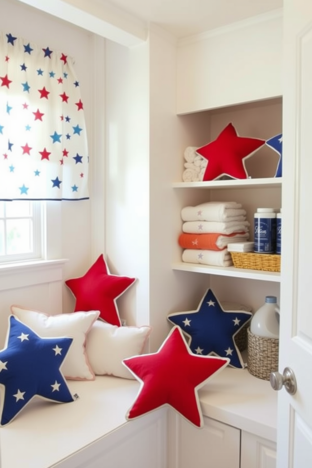 Star shaped wall hooks for towels create a festive and patriotic atmosphere in your laundry room. These hooks can be painted in red white and blue to celebrate Independence Day while providing functional storage for towels. Incorporate themed decor such as bunting or garlands featuring stars and stripes to enhance the holiday spirit. Adding a color palette of navy blue and bright white will complement the star shaped hooks beautifully while keeping the space stylish and organized.