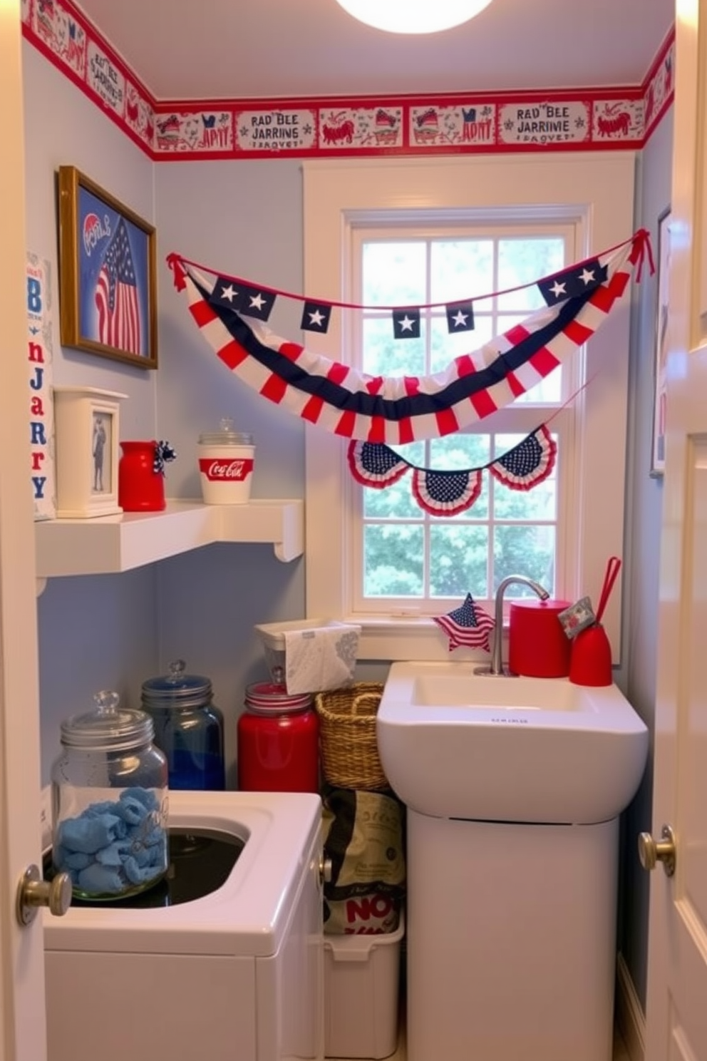 A vibrant laundry room celebrating Independence Day with red, white, and blue accessories. The space features a cheerful color scheme with striped towels, a patriotic wall art piece, and decorative baskets in coordinating colors.