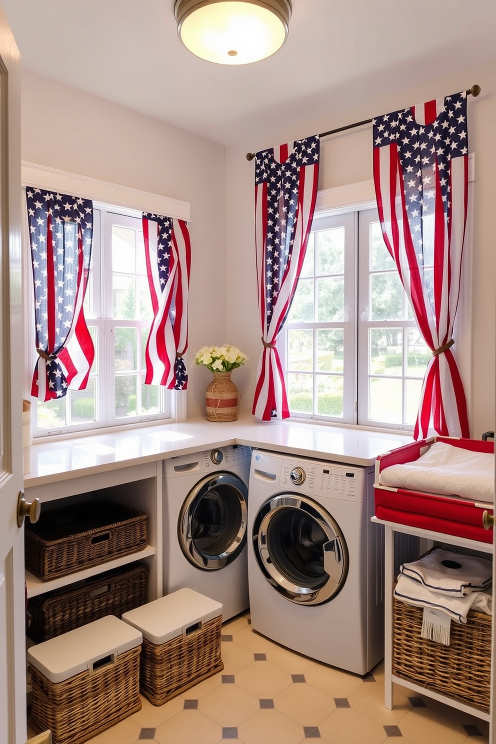 A festive tablecloth drapes over a folding station in a bright and airy laundry room. The tablecloth features vibrant red, white, and blue patterns, celebrating Independence Day while providing a cheerful atmosphere. The laundry room is adorned with decorative elements like stars and stripes that enhance the patriotic theme. Soft lighting illuminates the space, creating a warm and inviting environment for folding clothes.