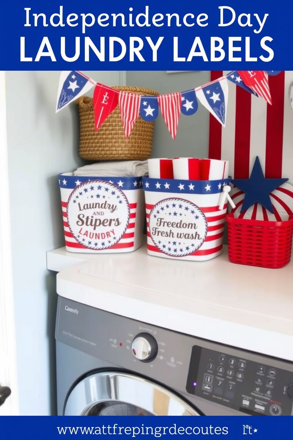 A vibrant laundry room decorated for Independence Day. The walls are adorned with red white and blue bunting and a large American flag hangs prominently. A laundry schedule print features stars and stripes with a cheerful font. Vintage laundry baskets in patriotic colors are neatly arranged beside the washing machine.