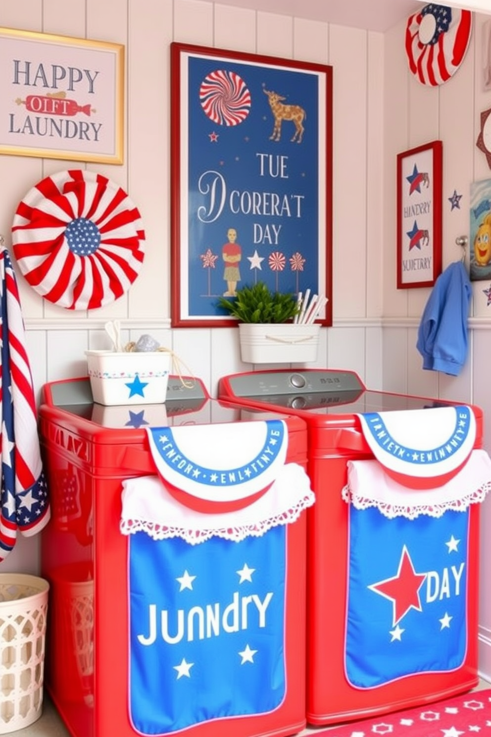 A vibrant laundry room featuring colorful laundry baskets adorned with flag motifs celebrating Independence Day. The walls are painted in a cheerful blue hue, and the space is accented with red and white decorations, creating a festive atmosphere.