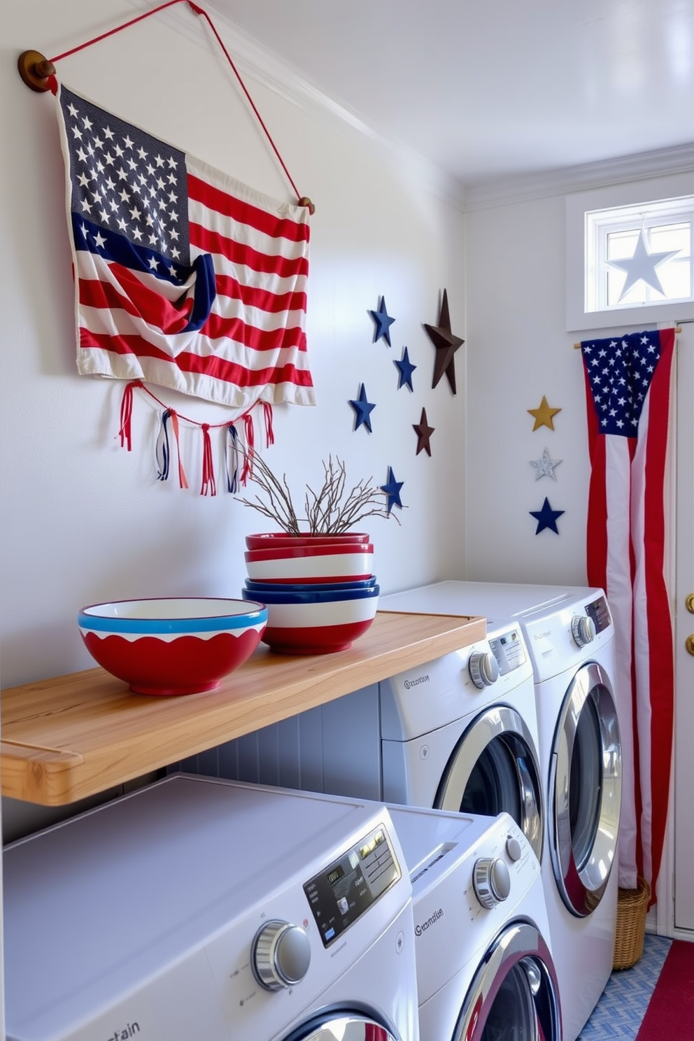 A patriotic wreath adorned with red white and blue flowers hangs on the laundry door creating a festive atmosphere for Independence Day. The laundry room features cheerful decorations such as stars and stripes accents on the walls and shelves to celebrate the holiday spirit.