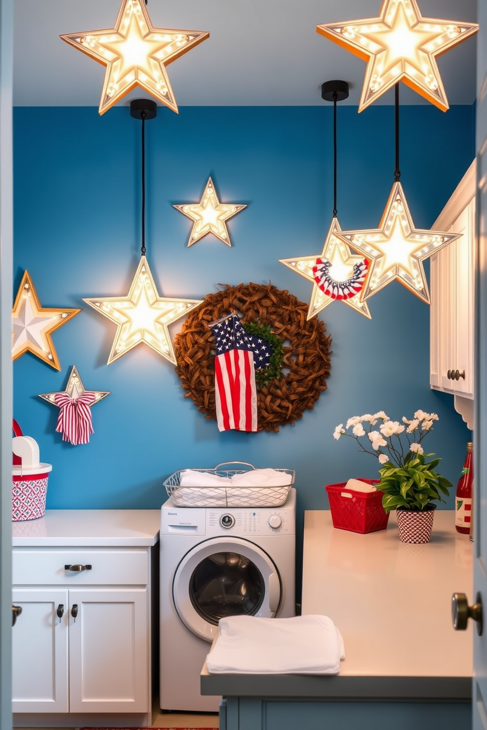 Create a vibrant laundry room that celebrates Independence Day. Incorporate red and blue striped storage bins that add a festive touch while keeping the space organized.