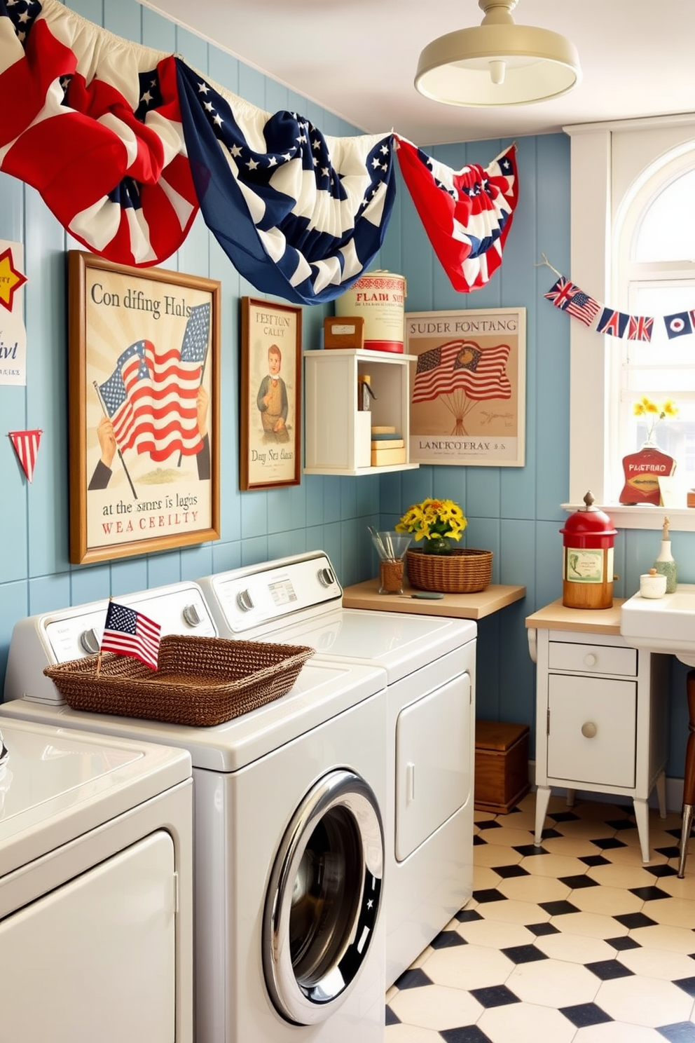 Star garland drapes elegantly from open shelves in a cheerful laundry room. The shelves are adorned with vibrant red and blue accents, creating a festive atmosphere for Independence Day celebrations. The laundry room features a rustic wooden table for sorting clothes, complemented by stylish storage baskets. Brightly colored towels and patriotic-themed decor add a touch of holiday spirit to the space.