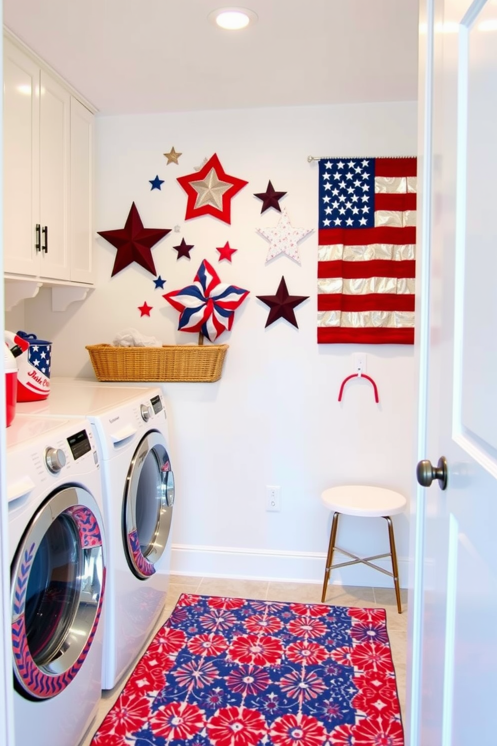 A vibrant laundry room featuring stars and stripes wall art that celebrates Independence Day. The walls are painted in a crisp white, complemented by colorful accents that evoke a festive atmosphere.