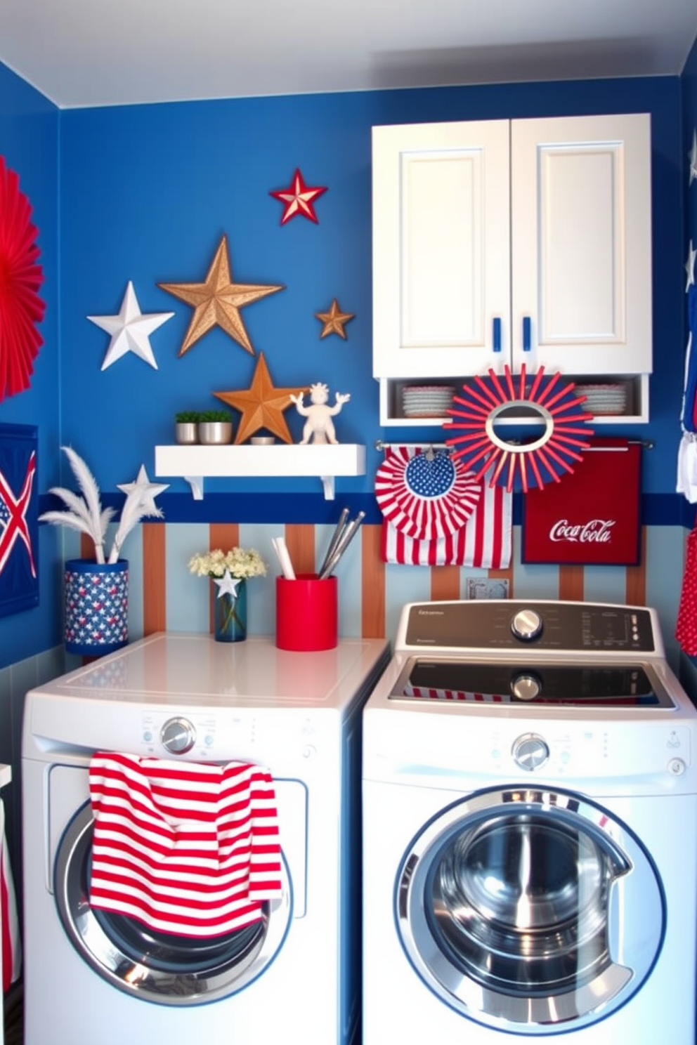 A themed laundry room features vibrant wall decals celebrating Independence Day. Red white and blue stars and stripes adorn the walls creating a festive atmosphere.