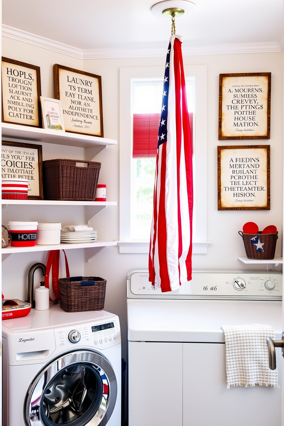 A vibrant laundry room featuring a red, white, and blue paint scheme that celebrates Independence Day. The walls are painted in alternating stripes of bold red and crisp white, with accents of navy blue on the cabinetry and accessories. The space includes a large farmhouse sink with a brushed nickel faucet and a stylish countertop that complements the patriotic theme. Decorative elements such as star-shaped artwork and red, white, and blue towels add festive flair to the room.