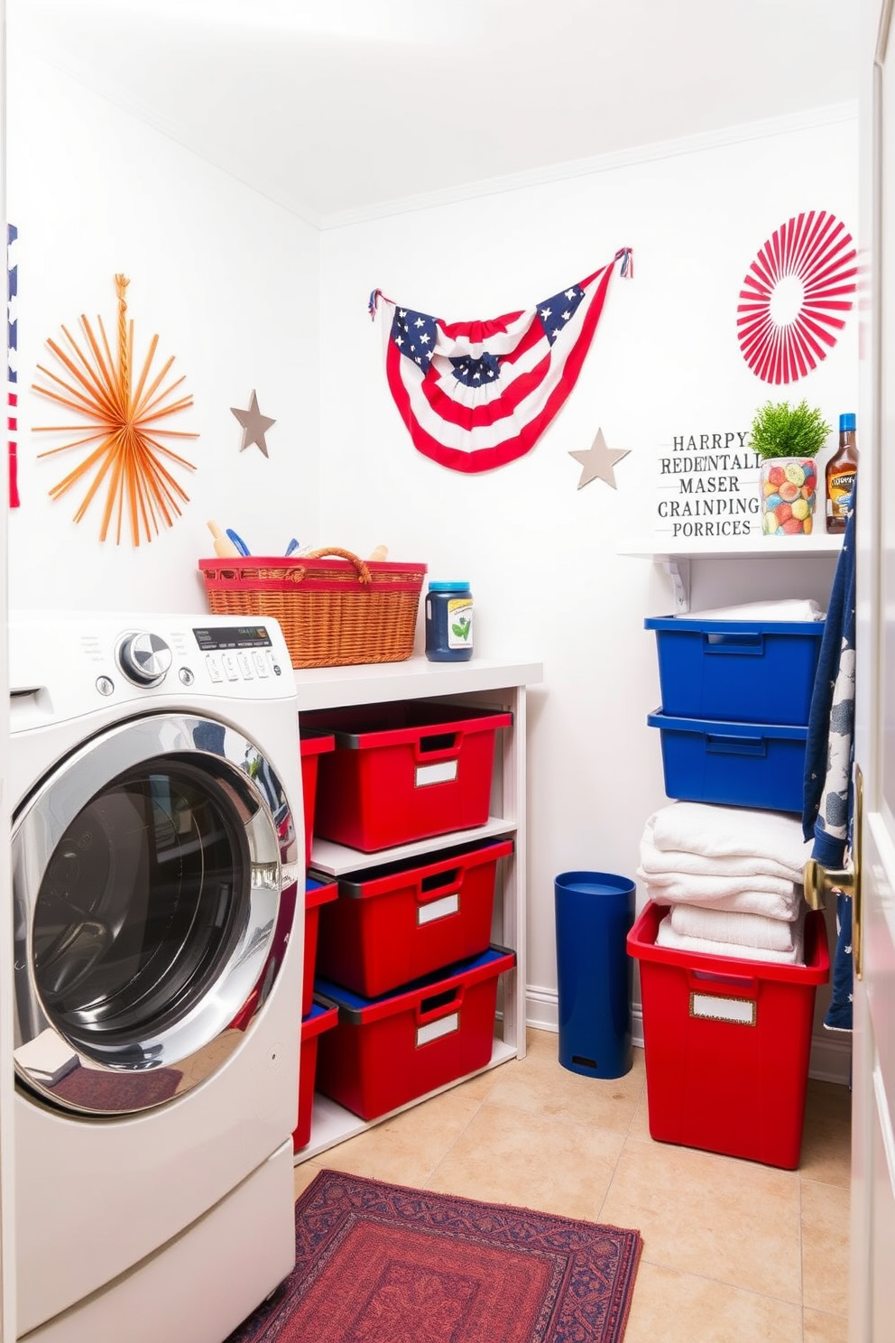 A cheerful laundry room decorated for Independence Day. The walls are adorned with vibrant chalkboard art featuring stars and stripes, creating a festive atmosphere.