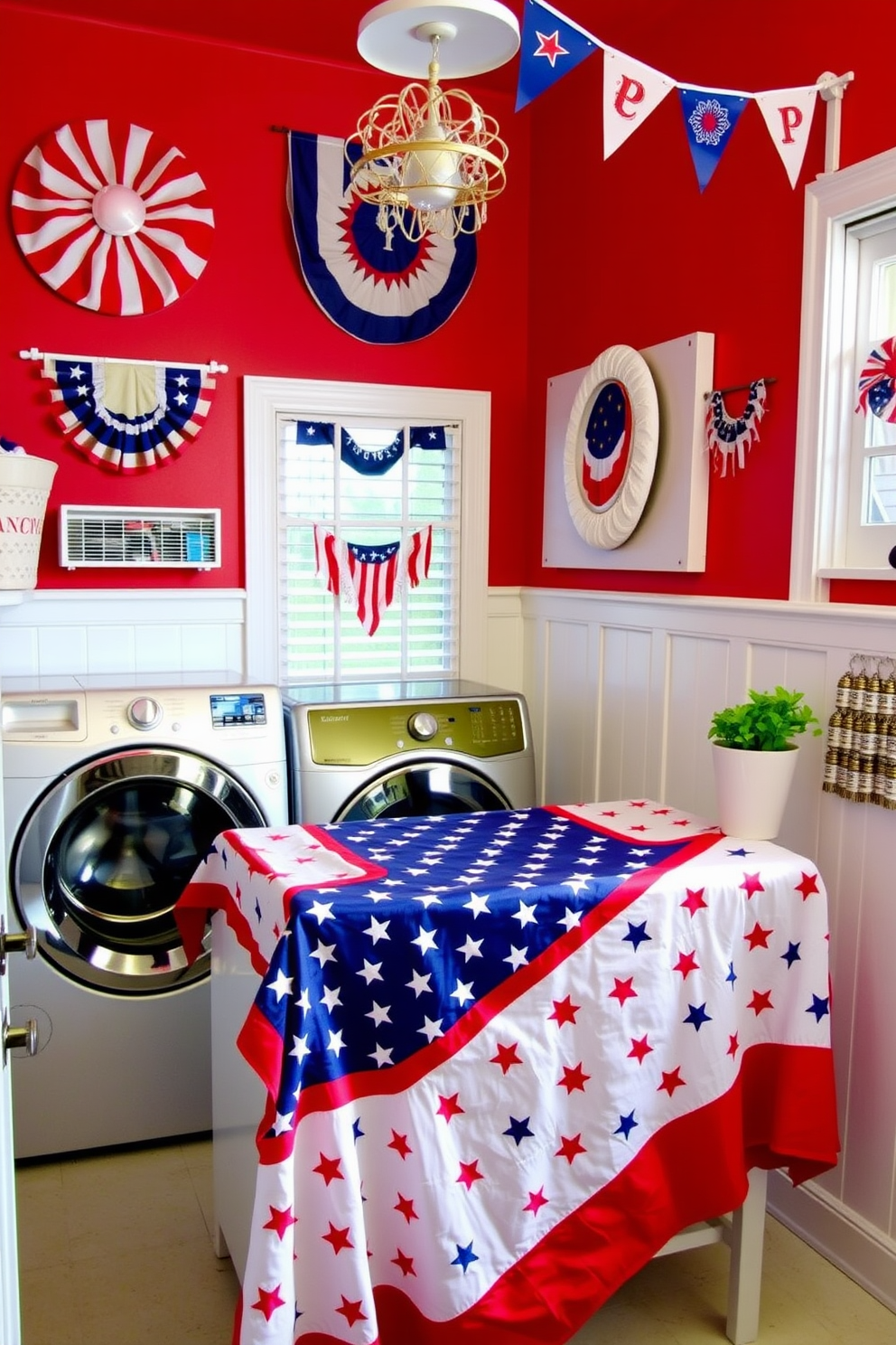 A vibrant laundry room adorned with a star spangled banner draped elegantly over the shelves. The walls are painted in a cheerful blue tone, and the shelves are filled with neatly organized laundry supplies and decorative baskets.