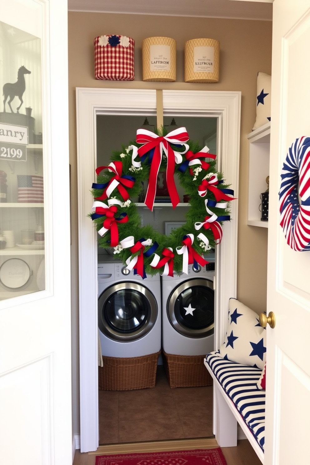 A festive laundry room featuring a Fourth of July themed mat adorned with stars and stripes. The walls are painted in a light blue hue, and red and white accents are incorporated through decorative towels and storage bins.