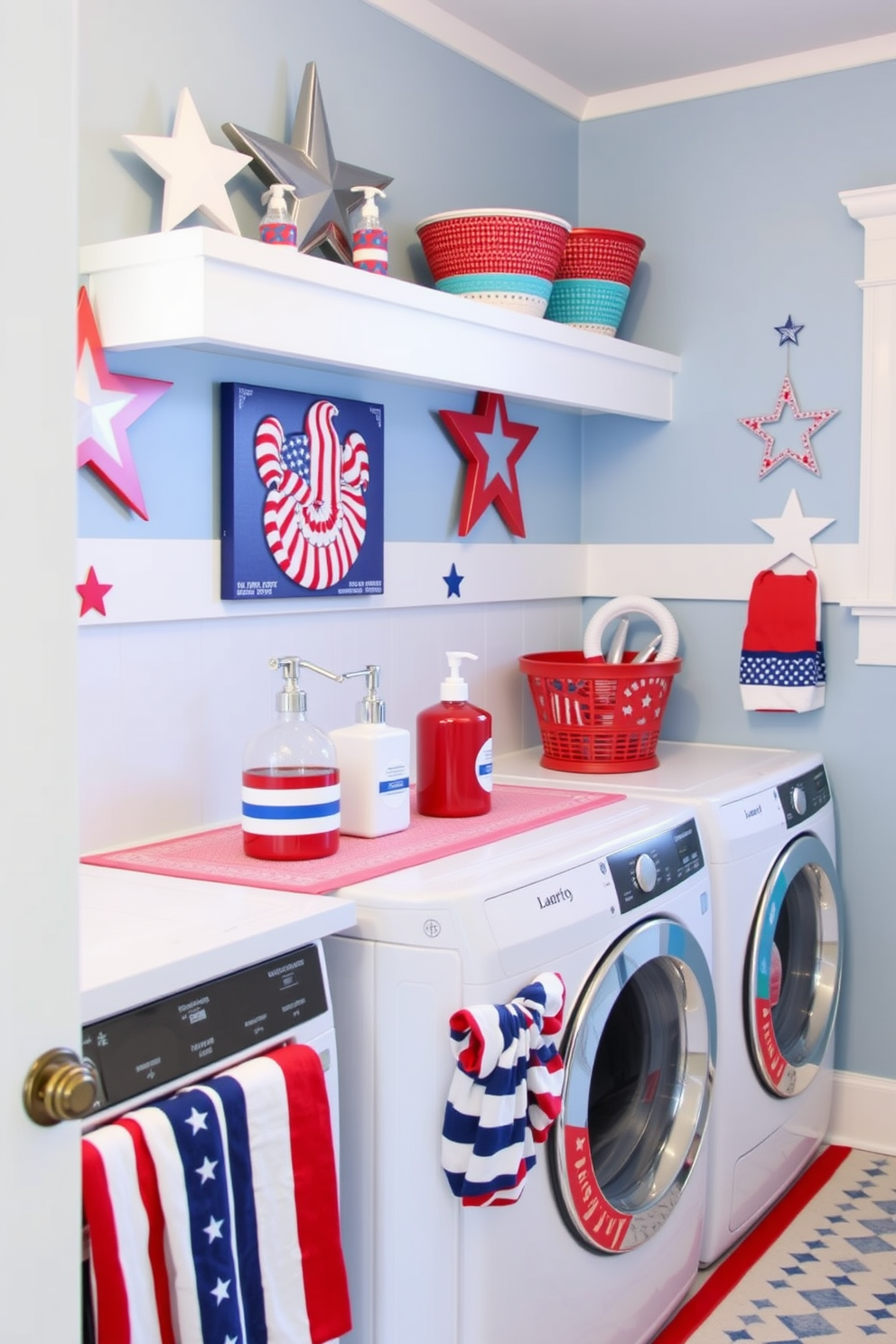 A vibrant laundry room features a red white and blue themed wall clock that adds a festive touch. The walls are painted in a soft white with accents of red and blue, creating a cheerful atmosphere perfect for Independence Day celebrations.