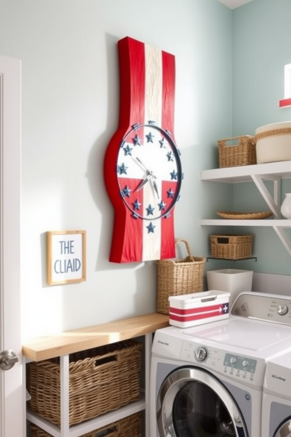 Decorative pillows with patriotic designs are arranged on a cozy bench in the laundry room. The pillows feature vibrant red, white, and blue patterns, adding a festive touch to the space. The laundry room is bright and airy, with white cabinets and a cheerful yellow wall. A rustic wooden shelf holds laundry essentials, while a small American flag is displayed on the counter for added charm.