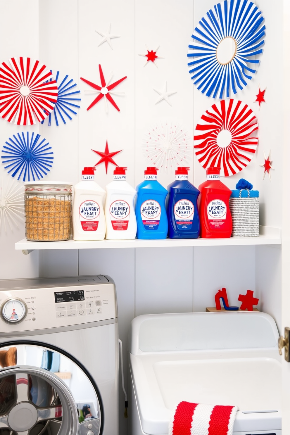 A vibrant Independence Day themed artwork gallery features a collection of red white and blue paintings showcasing fireworks and flags. The walls are adorned with patriotic bunting and framed artwork that celebrates the spirit of freedom and unity. The Independence Day laundry room is decorated with cheerful accents such as star patterned curtains and a red white and blue color scheme. Functional storage solutions are paired with festive decor items like a vintage American flag and themed laundry baskets.