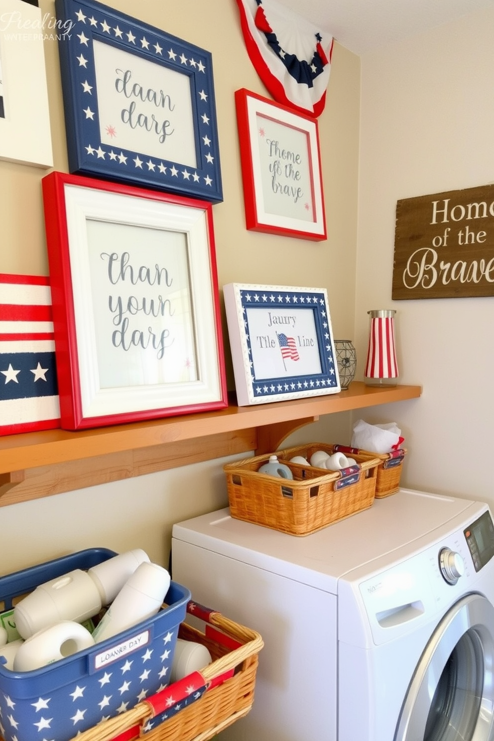 A charming laundry room featuring rustic wooden crates painted in vibrant flag colors to celebrate Independence Day. The crates are stacked creatively, providing both storage and a festive touch to the space.