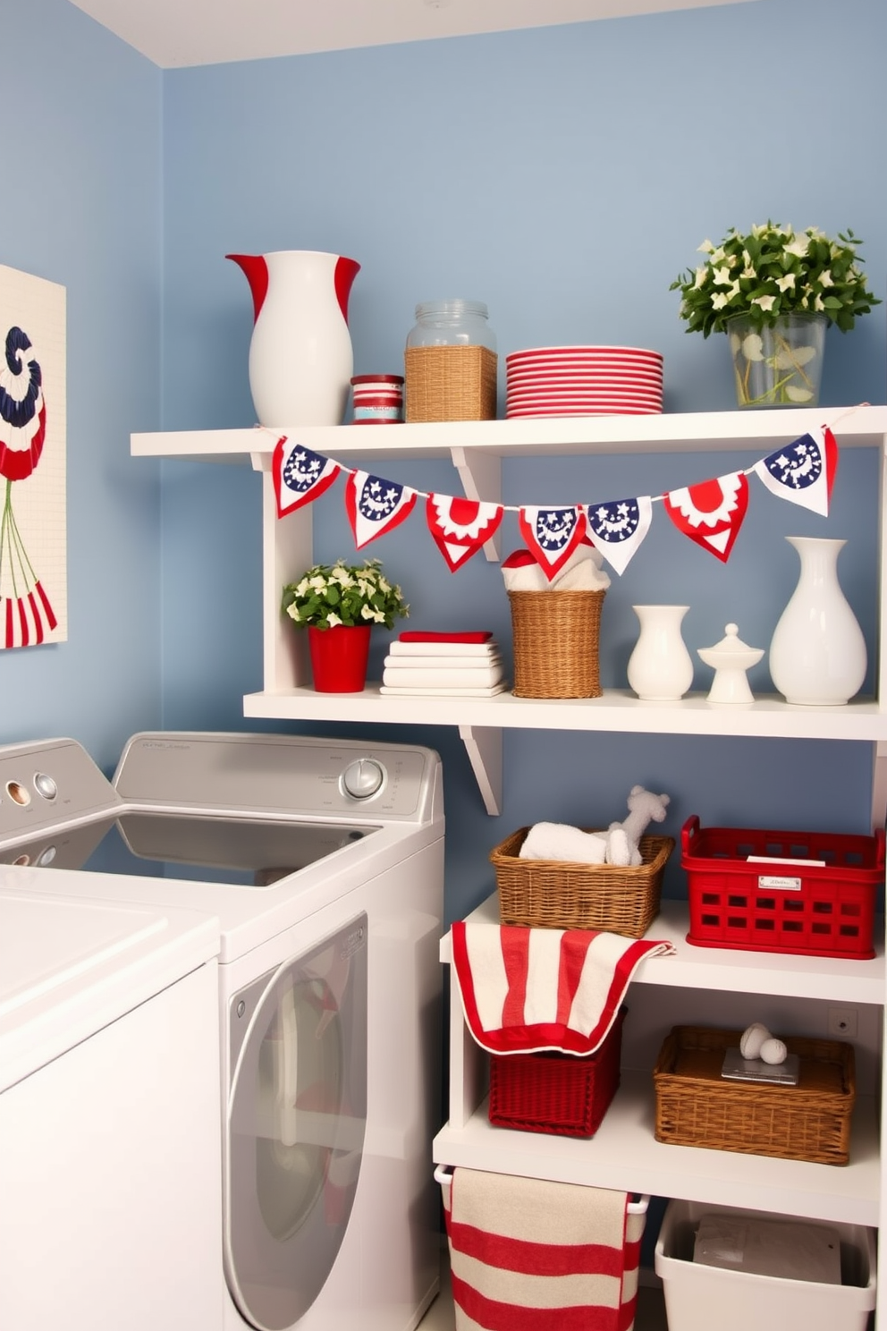 A patriotic themed laundry room features curtains adorned with stars and stripes in vibrant red, white, and blue. The curtains frame a sunny window, allowing natural light to illuminate the space while adding a festive touch for Independence Day.