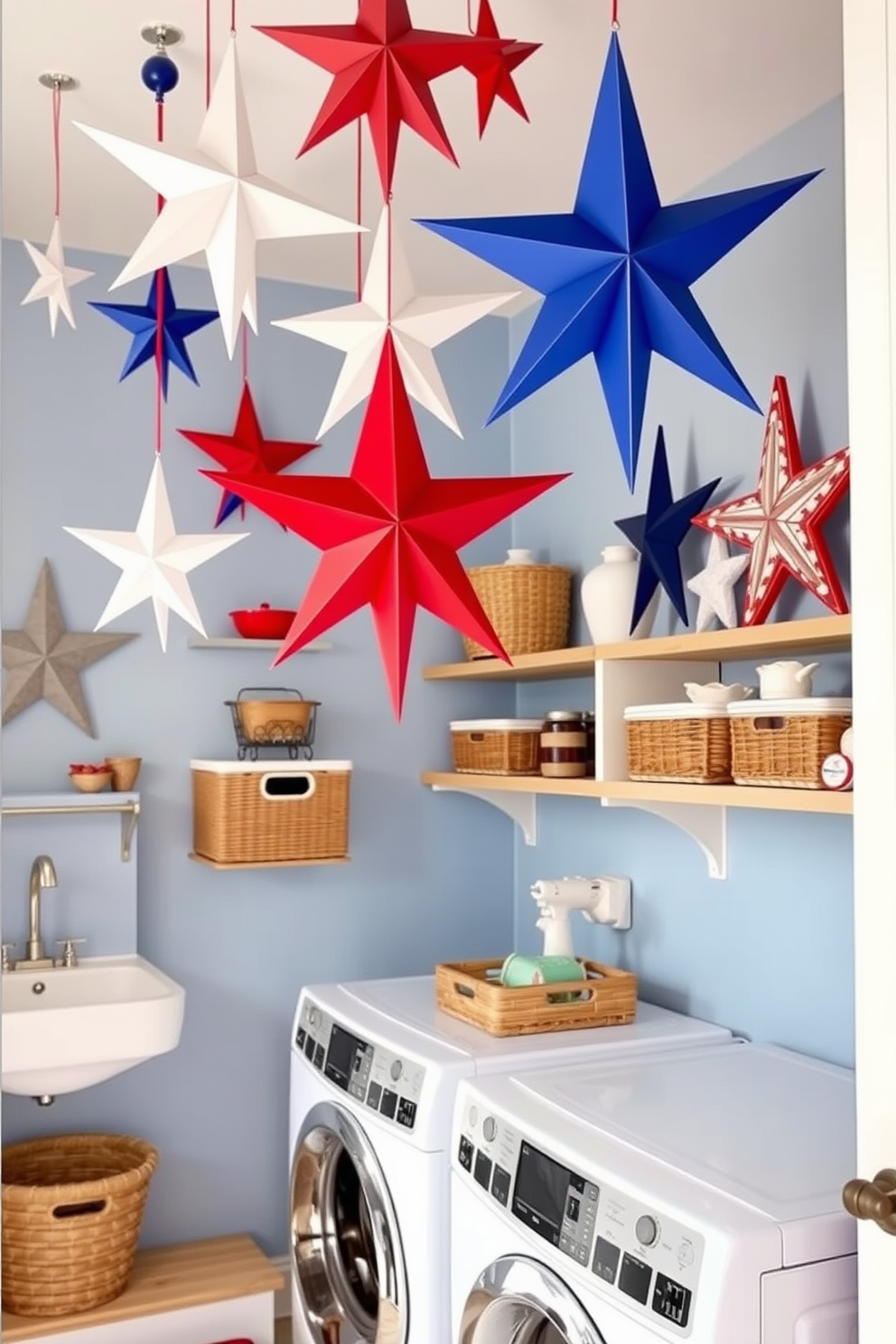 A vibrant laundry room adorned in flag colors celebrating Independence Day. The door features a bold red, white, and blue design, creating a festive entrance to the space.