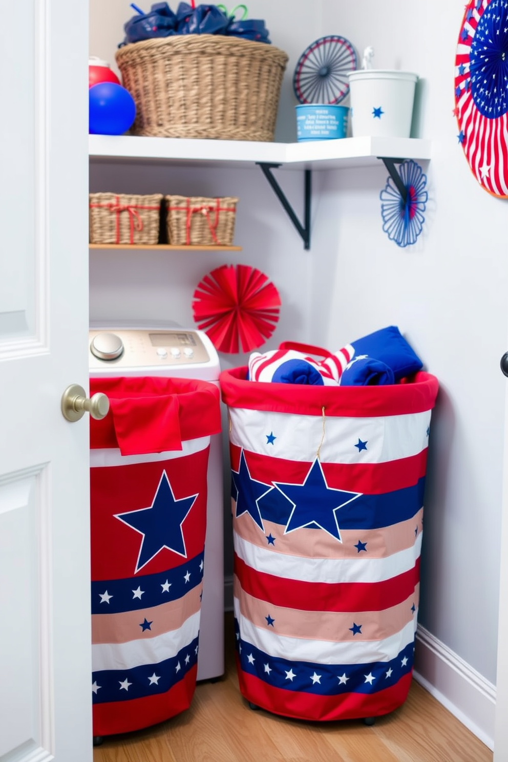 A vintage American flag is prominently displayed on the wall, surrounded by rustic wooden shelves filled with laundry essentials. The room features a farmhouse-style laundry basket and a cheerful red, white, and blue color scheme that celebrates Independence Day.