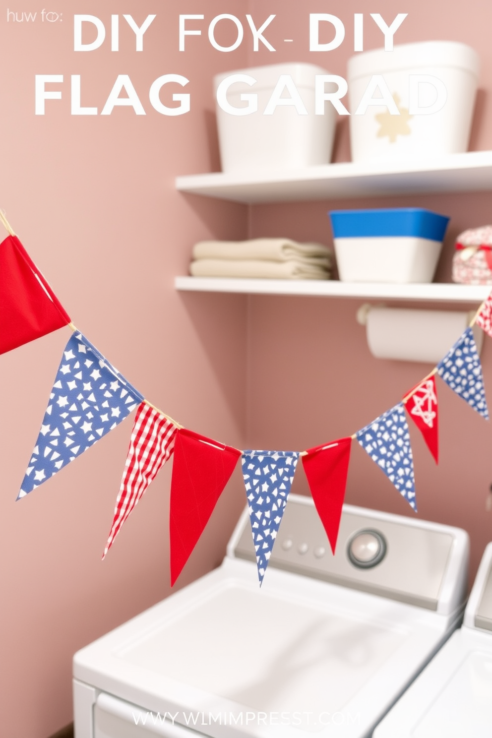 A festive laundry room decorated for Independence Day is adorned with colorful bunting strung across the ceiling. The walls are painted a bright blue, and red and white accents are incorporated through decorative towels and accessories.