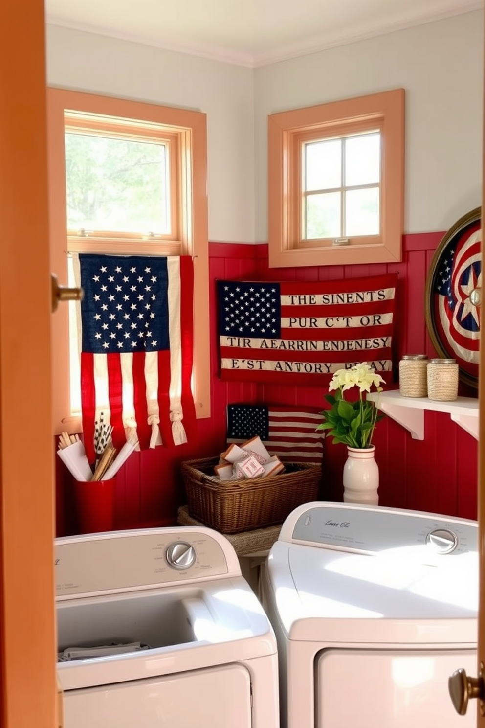 A vibrant laundry room featuring a red and blue patterned rug that captures the spirit of Independence Day. The walls are painted in a crisp white, and the room is filled with cheerful decor elements that celebrate the holiday.