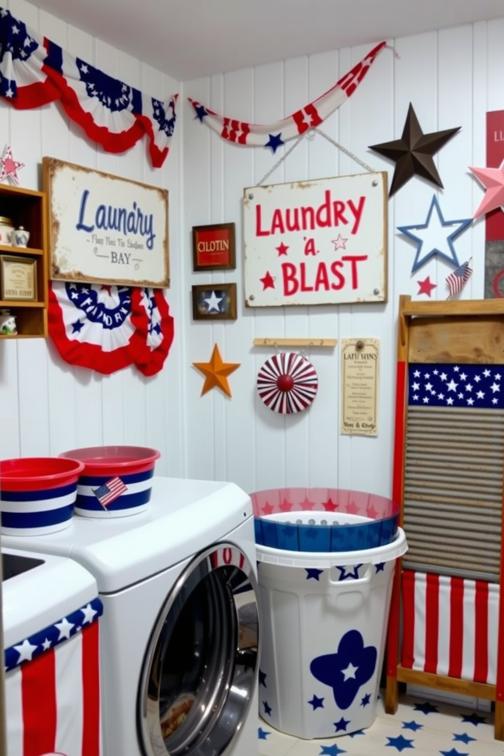 A vibrant laundry room featuring potted plants in red white and blue pots. The space is bright and cheerful with a functional layout that celebrates Independence Day.