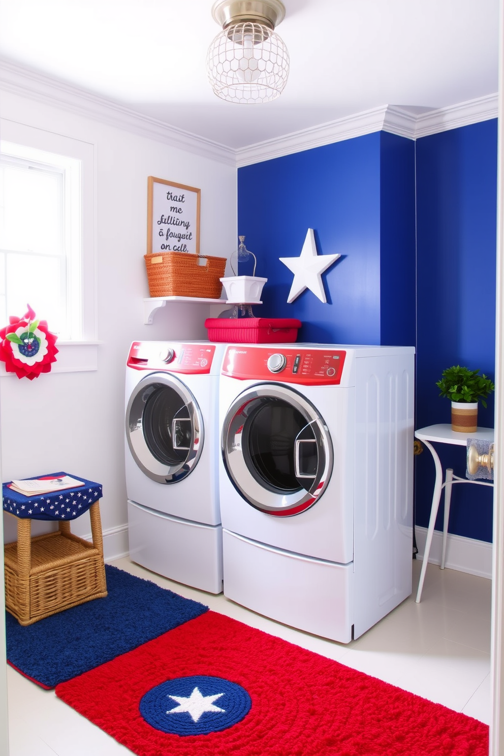 A vibrant laundry room decorated for Independence Day features decorative jars filled with red, white, and blue items. The jars are arranged on a wooden shelf above a stylish countertop, adding a festive touch to the space.