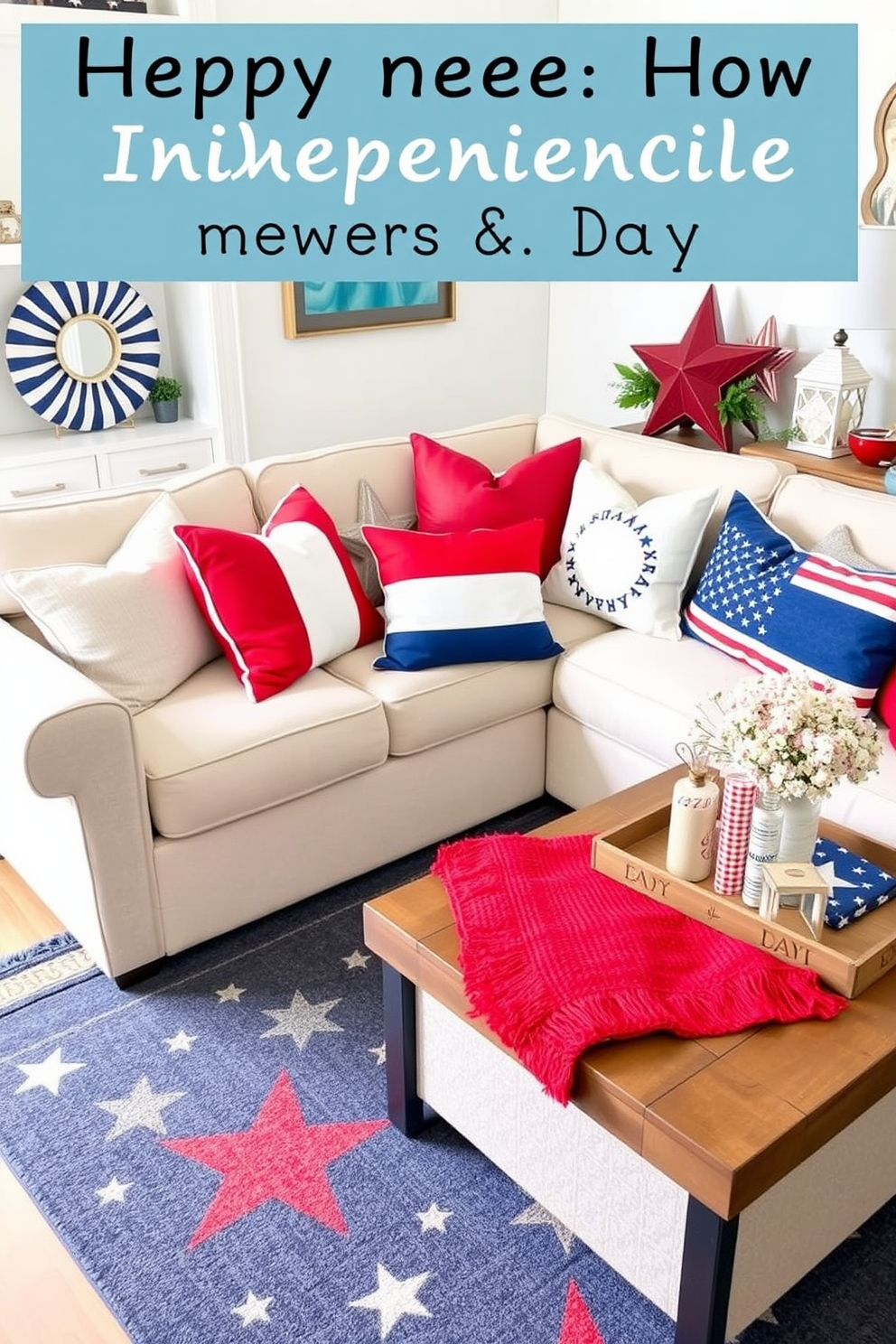 A festive living room adorned with red white and blue throw pillows celebrating Independence Day. The pillows are arranged on a cozy sectional sofa, complemented by a patriotic area rug and decorative accents like stars and stripes.