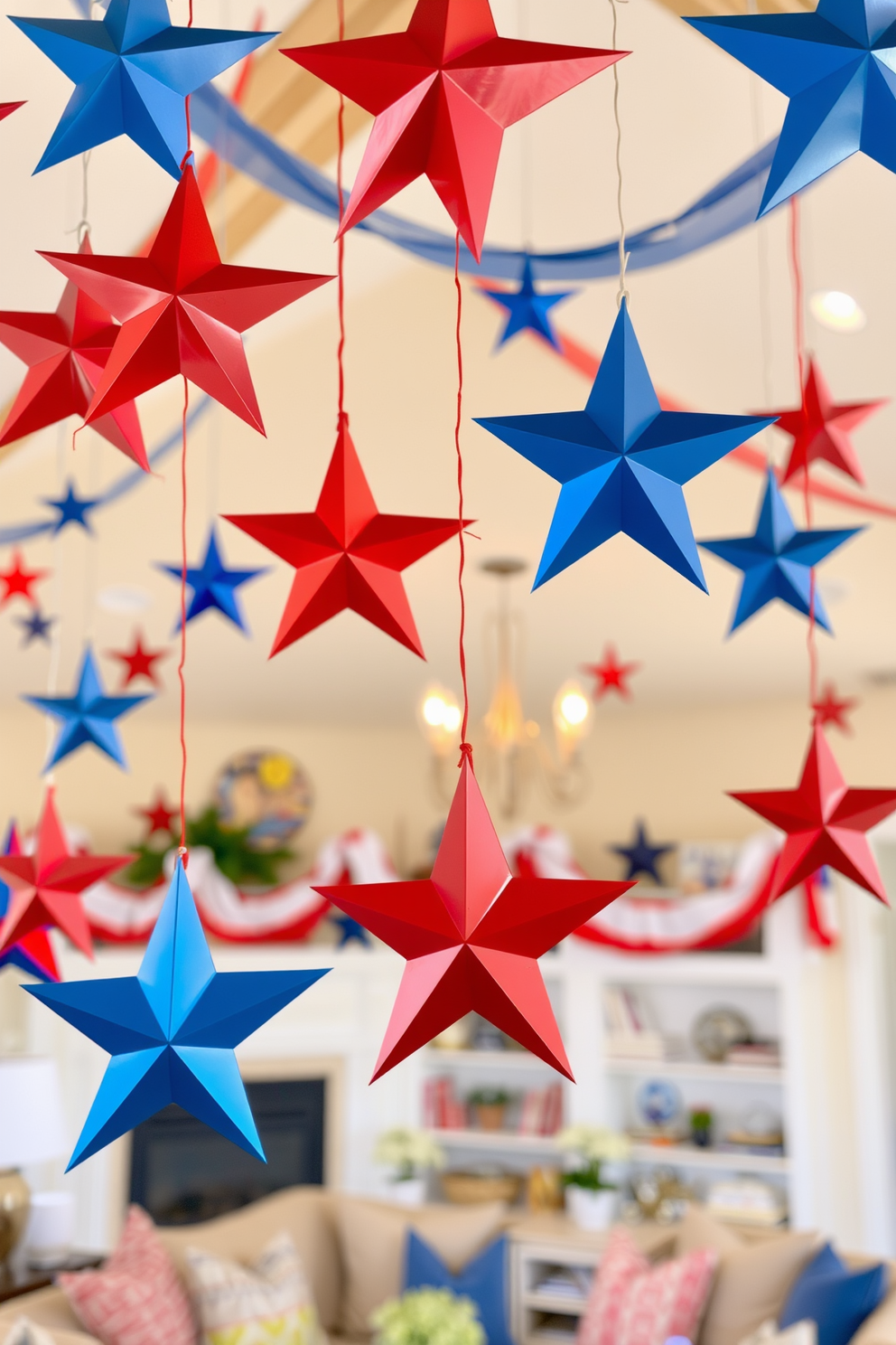 A festive living room adorned with red white and blue wall decals celebrating Independence Day. The decals feature stars and stripes, creating a vibrant backdrop against neutral colored walls.