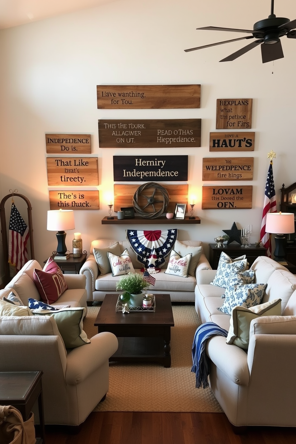 A cozy living room adorned with patriotic quilts draped over a plush sofa and armchair. The walls are painted in a soft blue hue, and a rustic coffee table sits in the center, topped with red, white, and blue decor.