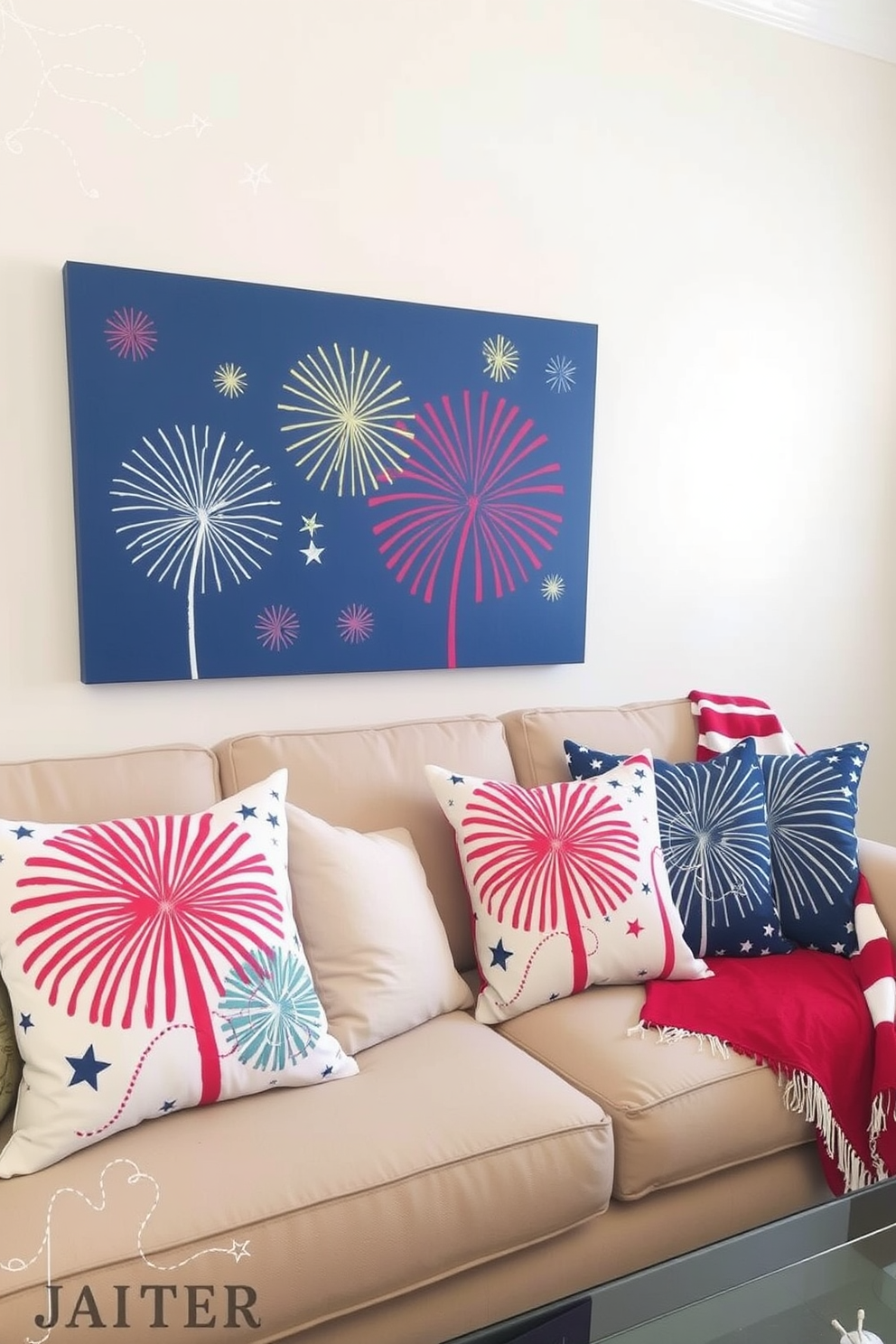 A cozy living room adorned for Independence Day features a plush sofa draped in a soft white throw. Star shaped decorative pillows in red and blue add a festive touch, complementing the overall patriotic theme. The walls are decorated with subtle red and blue accents, while a large American flag hangs proudly as a focal point. A rustic coffee table holds a centerpiece of white flowers in a glass vase, enhancing the celebratory atmosphere.