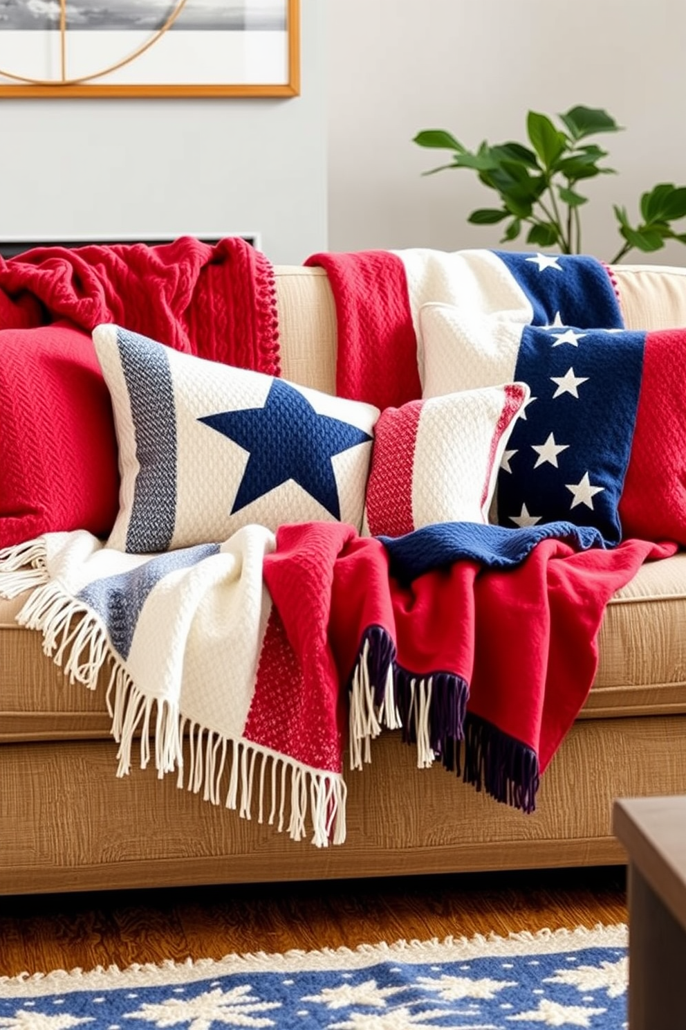 A cozy living room adorned with layered blankets in red, white, and blue hues. The blankets are artfully draped over a plush sofa, complemented by decorative pillows featuring stars and stripes.