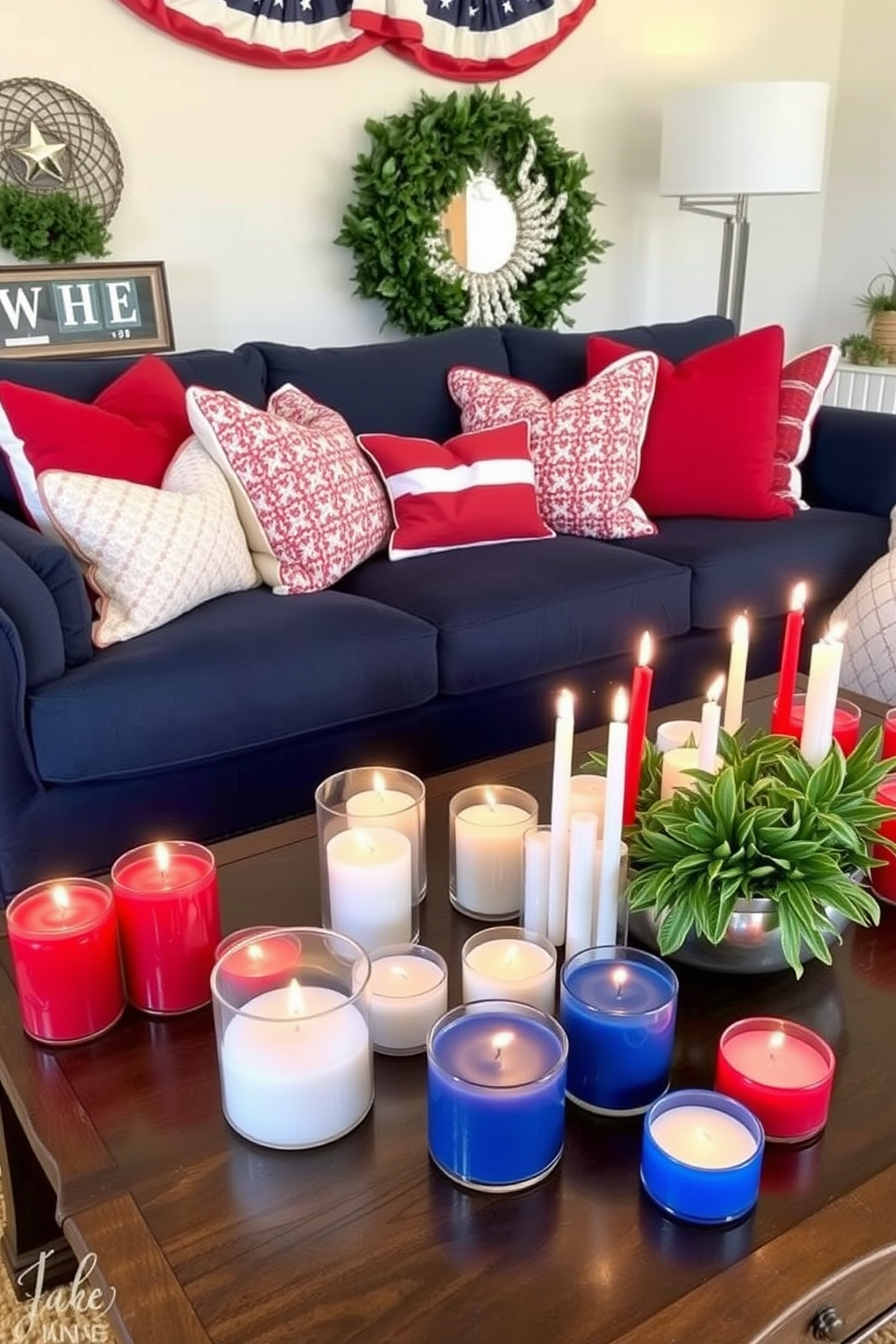 A festive living room adorned for Independence Day features a cozy seating area with a plush navy blue sofa and red and white throw pillows. Scattered across the coffee table are an array of candles in red, white, and blue, creating a warm and inviting atmosphere for celebration.