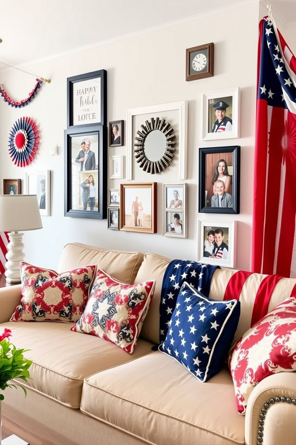 A lively living room adorned with patriotic themed photo frames celebrating Independence Day. The walls are decorated with red, white, and blue accents, and a cozy sofa is draped with a flag-patterned throw blanket.