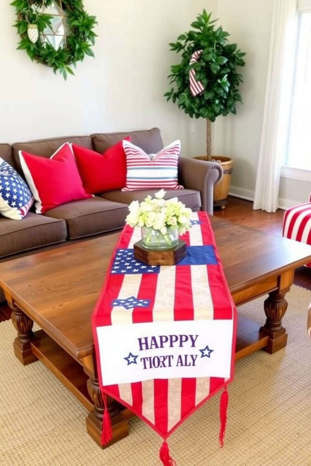 A festive living room adorned with table runners featuring vibrant flag motifs celebrating Independence Day. The runners are draped elegantly over a rustic wooden coffee table, complemented by red, white, and blue decorative pillows on the sofa.