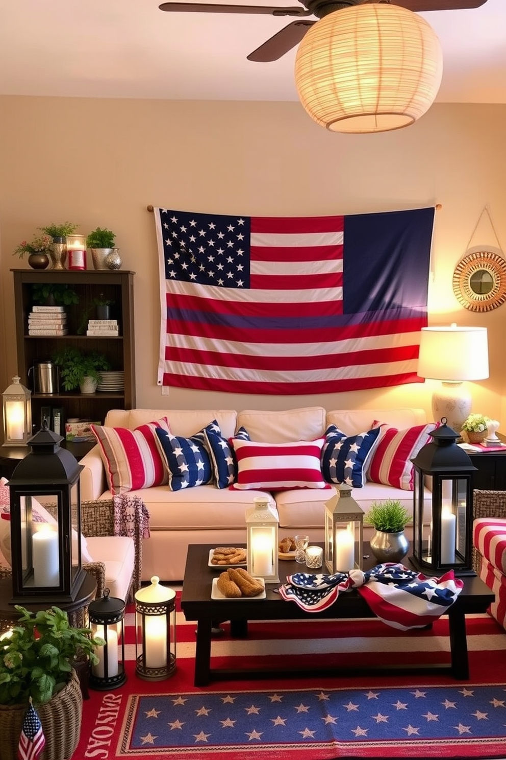 Create a cozy living room setting adorned with decorative lanterns that provide a warm and inviting ambiance. The lanterns are placed strategically around the room, casting soft light and enhancing the festive atmosphere for Independence Day celebrations. Incorporate red, white, and blue accents throughout the space, such as throw pillows and a patriotic rug. A large flag is displayed on the wall, and a table is set with snacks and drinks for guests to enjoy during the festivities.