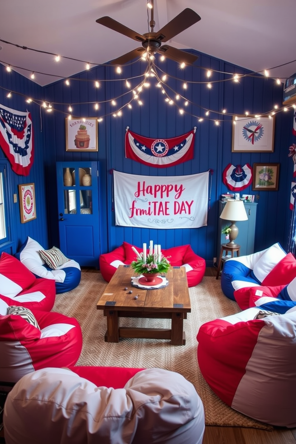 A vibrant living room setting celebrating Independence Day. The space features red white and blue bean bags arranged around a rustic wooden coffee table. Above the table, string lights create a festive atmosphere. Patriotic decorations adorn the walls, including banners and framed art celebrating the holiday.