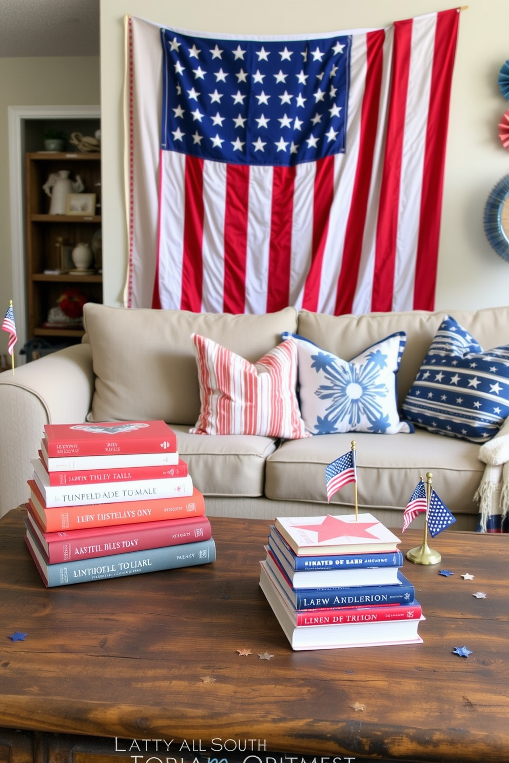 A cozy living room setting decorated for Independence Day. Themed books in red white and blue covers are stacked on a rustic wooden coffee table. A large American flag is draped over the back of a comfortable sofa adorned with patriotic throw pillows. Festive decorations like small flags and stars are scattered around the room to enhance the holiday spirit.