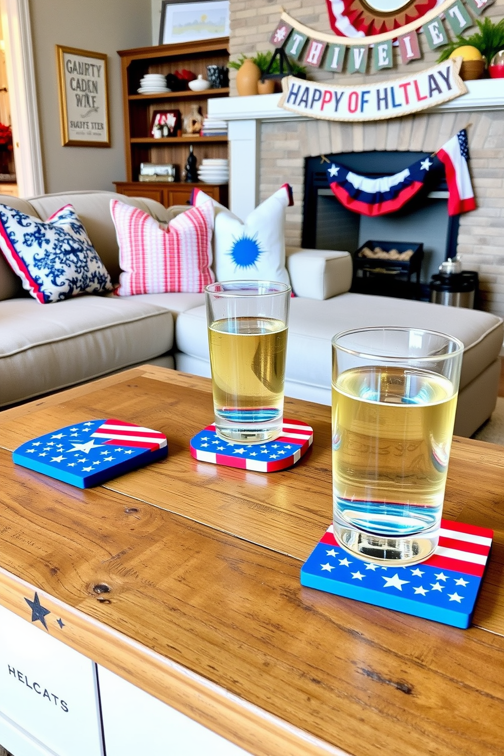 Patriotic themed coasters for drinks are displayed on a rustic wooden coffee table. The coasters feature vibrant red white and blue designs with stars and stripes evoking the spirit of Independence Day. In the living room the decor includes a mix of traditional and modern elements. A cozy sectional sofa is adorned with throw pillows in patriotic colors and a festive banner hangs above the fireplace celebrating the holiday.