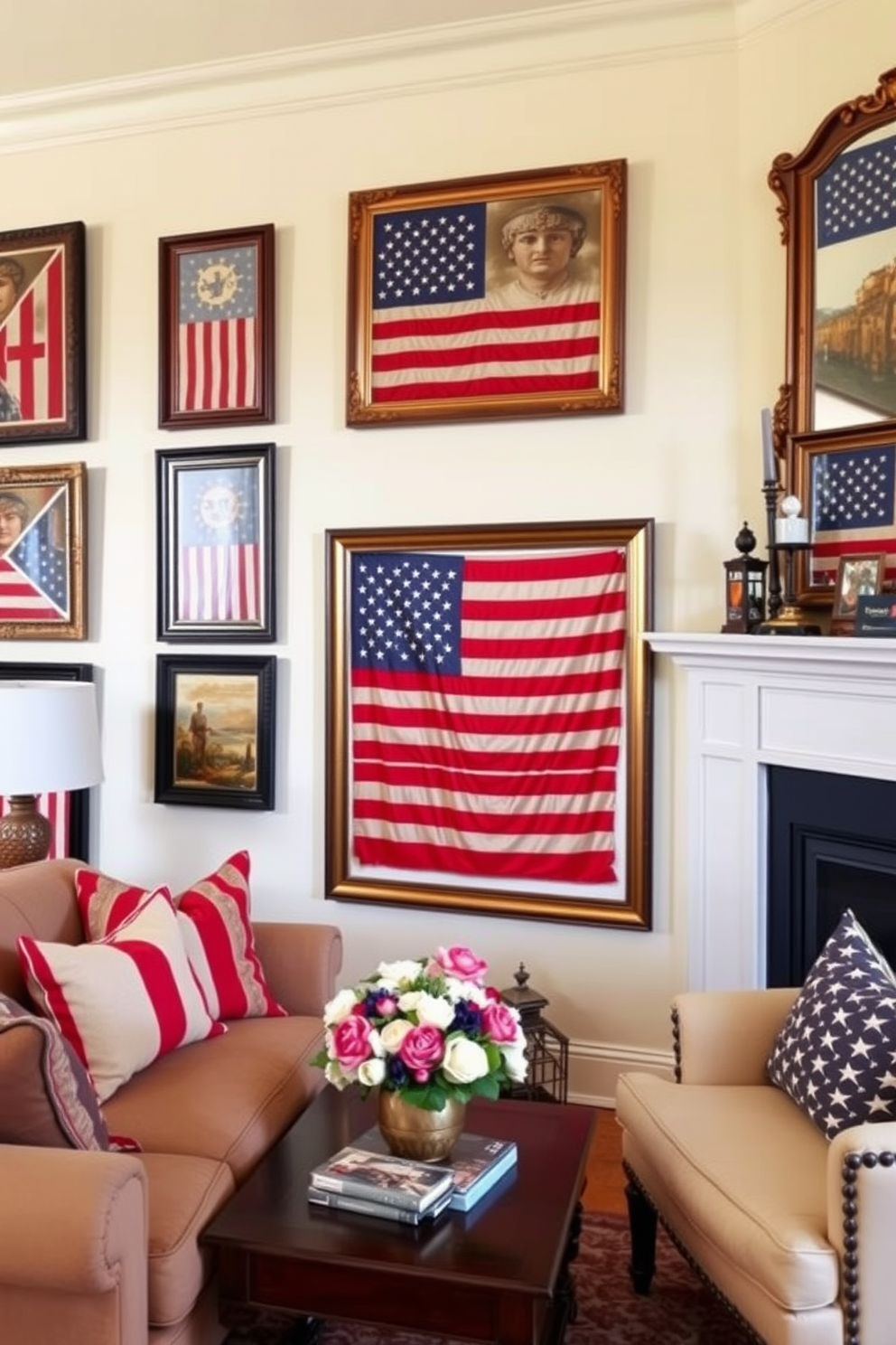 A cozy living room adorned with vintage flags displayed in elegant frames. The walls are painted in a soft cream color, creating a warm backdrop for the patriotic decor.