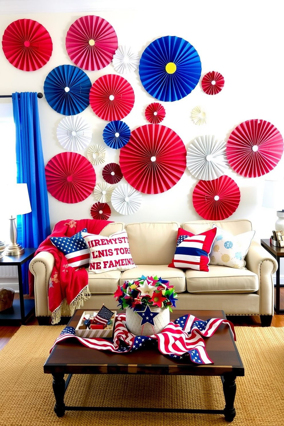 A vibrant living room adorned with colorful paper fans on the walls celebrating Independence Day. The space features a cozy sofa draped with red white and blue throw pillows and a festive coffee table centerpiece with stars and stripes decor.