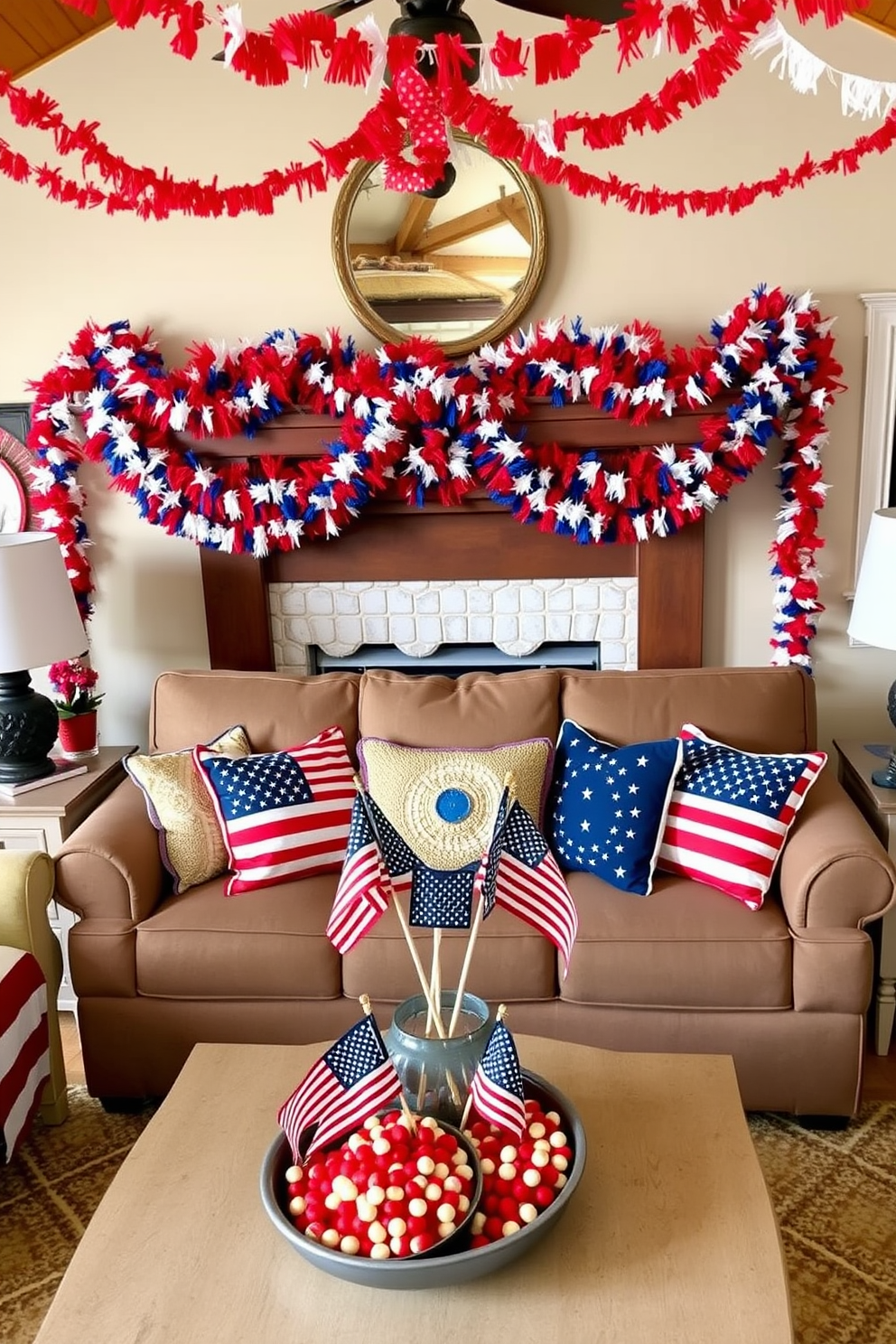 Create a festive living room setting decorated for Independence Day. There are vibrant red, white, and blue garlands draped across the mantelpiece and hanging from the ceiling, creating a celebratory atmosphere. The sofa is adorned with patriotic throw pillows featuring stars and stripes. A coffee table is set with a centerpiece of small American flags and a bowl of red, white, and blue snacks.