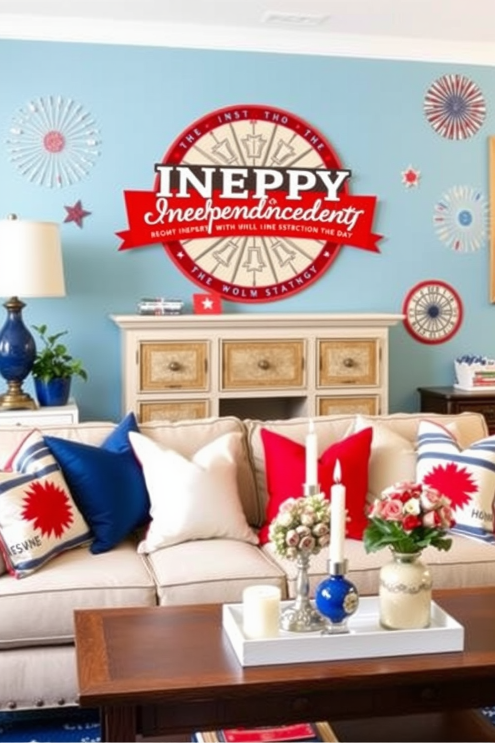 Create a vibrant living room setting adorned with festive wall decals that celebrate Independence Day. The space features a cozy sofa with red, white, and blue throw pillows, and a coffee table decorated with themed centerpieces and candles.