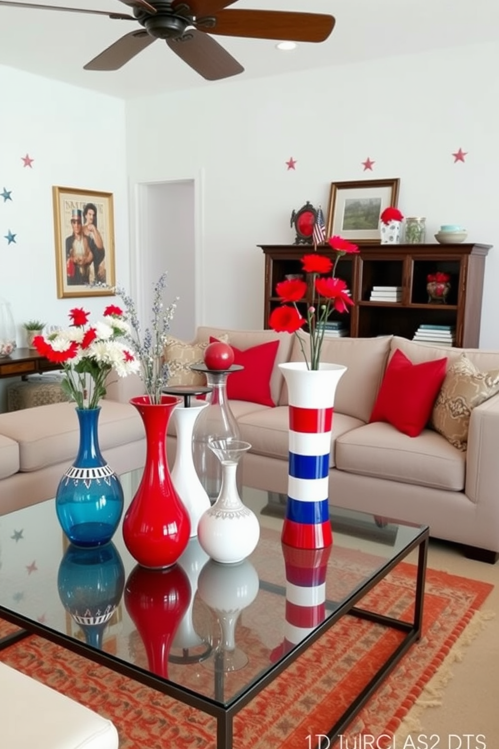 A festive living room setting for Independence Day. The space features a beautifully arranged coffee table adorned with vibrant red, white, and blue glassware, each piece reflecting the holiday spirit. Cushions with star patterns are scattered across a plush sofa, and a patriotic banner hangs gracefully above the mantel. Soft lighting creates a warm ambiance, enhancing the celebratory atmosphere of the room.