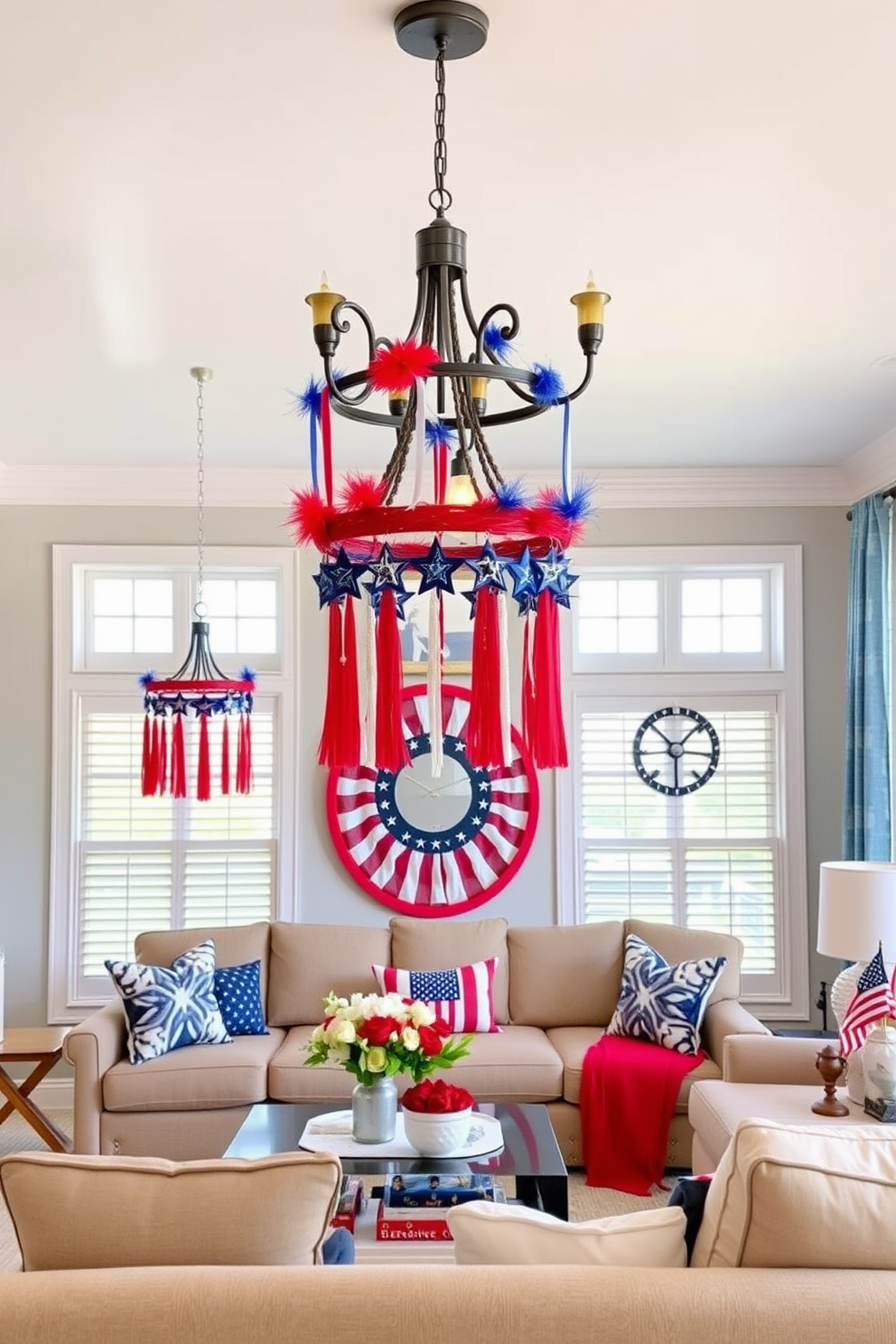 A patriotic themed wreath adorns the front door, crafted from red white and blue flowers and ribbons. Inside the living room, a cozy seating area features throw pillows in stars and stripes patterns alongside a festive table centerpiece with miniature flags.