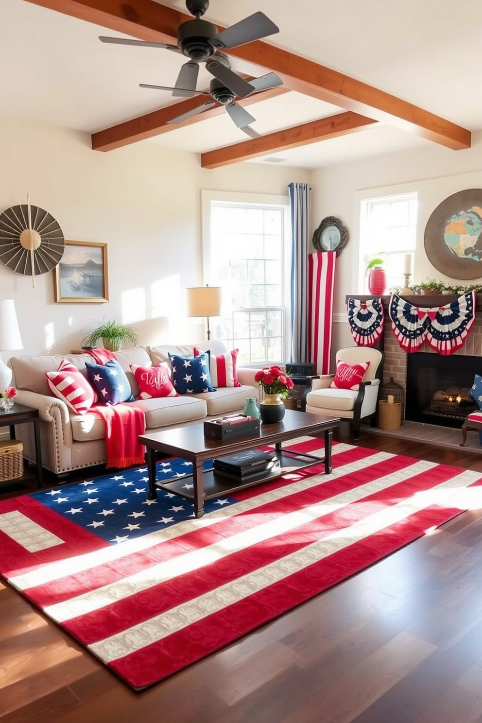 A vibrant living room decorated for Independence Day features an American flag patterned area rug that anchors the space. The room is adorned with red white and blue accents including throw pillows and a festive banner draped across the mantle. A cozy seating arrangement invites guests to relax with a patriotic touch. Natural light streams through the windows highlighting the cheerful decor and creating a warm atmosphere.